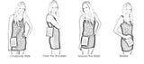 Illustrations of a woman with different ways to carry a handbag.
