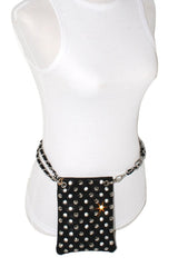Black studded belt bag on a mannequin with a white background